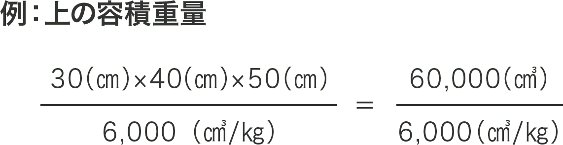 30(cm)×40(cm)×50(cm)/6,000(㎤/kg)=60,000(㎤)/6,000(㎤/kg)