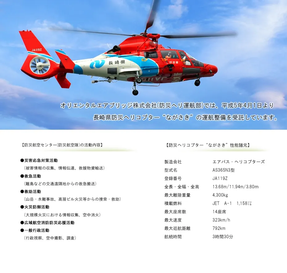 オリエンタルエアブリッジ株式会社（防災ヘリ運航部）では、平成5年4月1日より長崎県防災ヘリコプター“ながさき”の運航整備を受託しています。